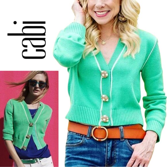 Cabi, Wallis Cardigan, Cropped Rhinestone Pearl Button Sweater, Julep, Green - Picture 1 of 7